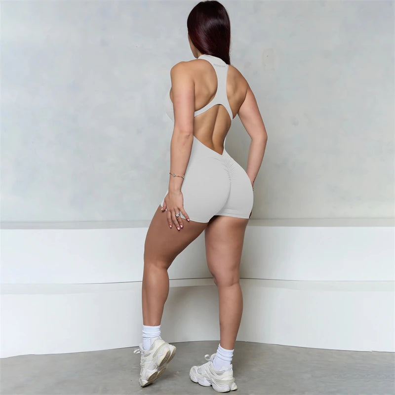 Women Bum Sleeveless ZIPPER Scrunch Butt Romper Women Sporty Jumpsuit Lycra Short Fitness Gym Overall New Workout Clothes