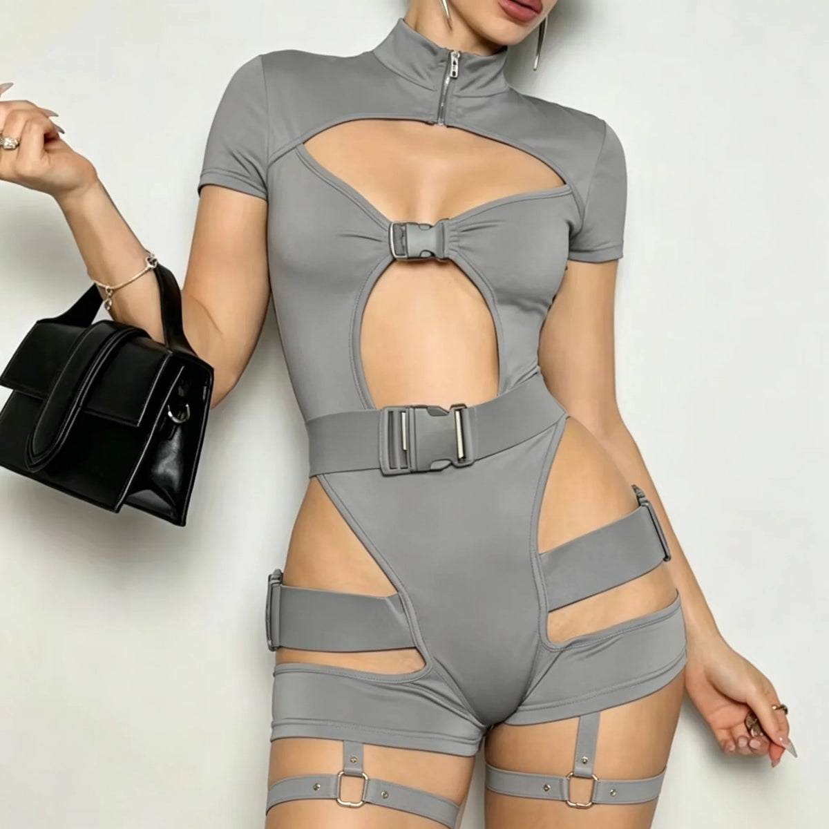 Gothic Hollow out Bandage Playsuit Stand Collar Cutout Garter Shorts Romper with Separate Belt And Zipper for Women Night out