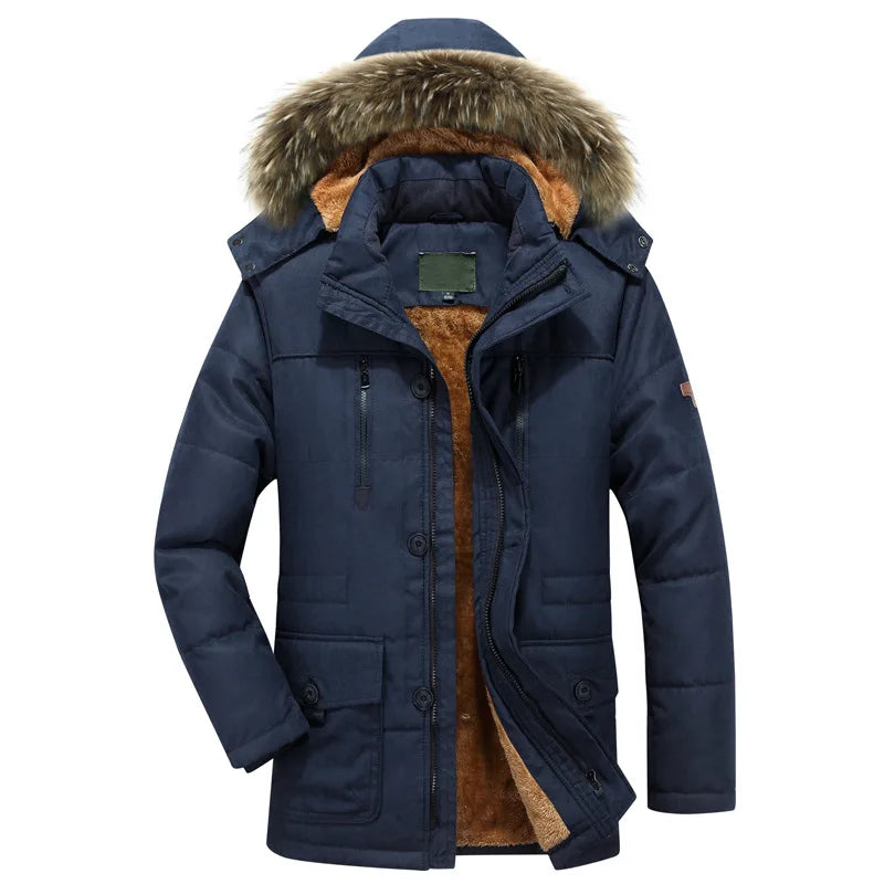 Man Winter Parkas Coat Vintage Thicken Fleece Cold-proof Zipper Male Hooded Jacket Long Sleeve Pocket Casual Men Outerwear