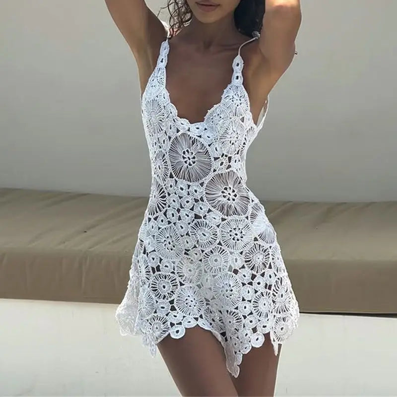 Combhasaki Women Summer Boho Knitted Crochet Halter Neck Swimsuit Coverups VNeck Hollow Out Irregular Hem Short Mini Beach Dress