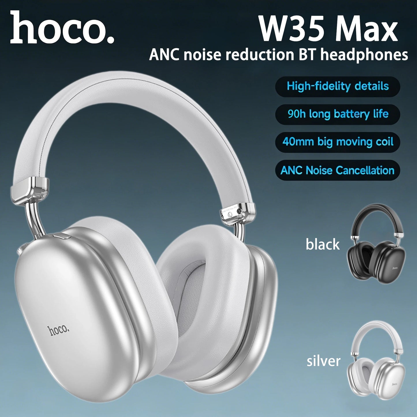 HOCO W35 Max ANC Noise Reduction Bluetooth Headphones Volume Control Over Ear Wireless Headsets 90H Use Time Earphones Universal