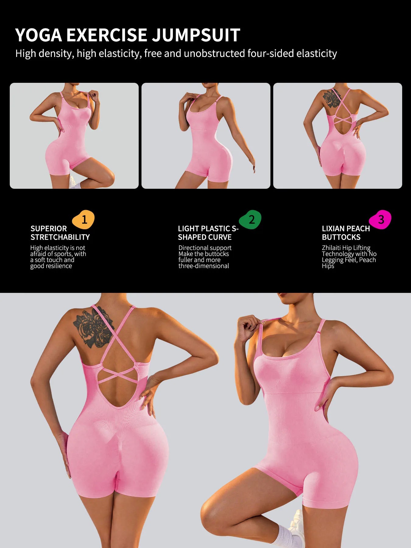 Women's Sexy Fitness Jumpsuit Cross Adjustable Sports Playsuit One Piece Yoga Suit with Scrunch Shorts And Backless Design