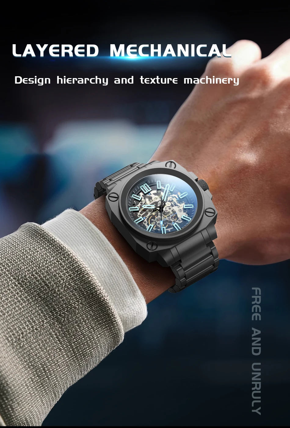 FeelNever Kreative Herrenuhr mit Automatikwerk, ausgehöhlt, modisch, lässig, sportlich, Militär, Leder, wasserdicht, mechanische Uhr + Box
