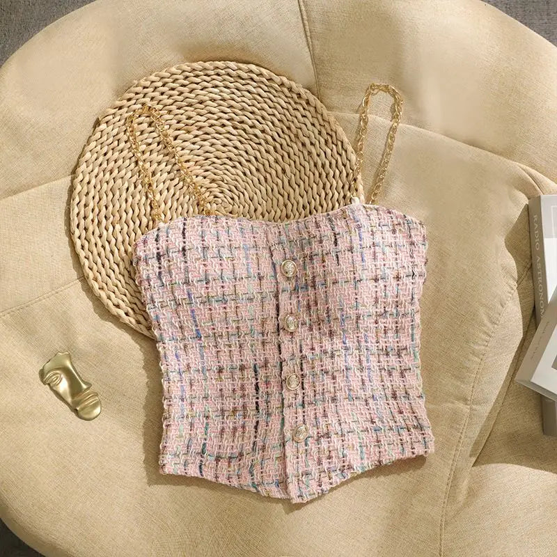 Ropa Mujer Summer Tanks for Women's Sweet Plaid Tunic Sleeveless Camis Crop Tops Chic Chian Backless Single Breasted Vest