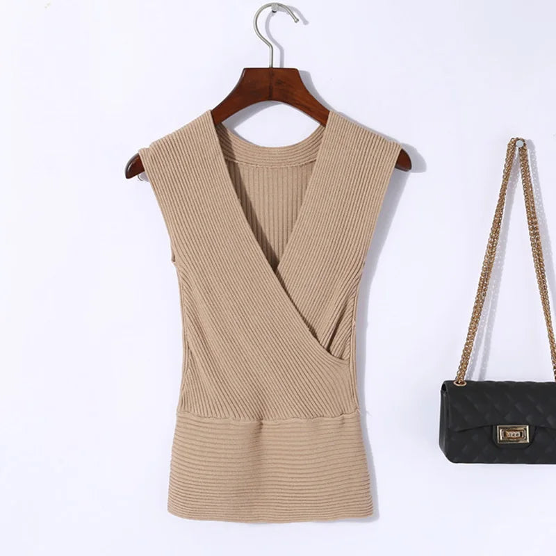 Sexy Deep V Neck Sweater Women 2025 New Womens Clothing Slim Bottoming Large Elastic Knitwear Rib Cotton Sleeveless Top Jerseys