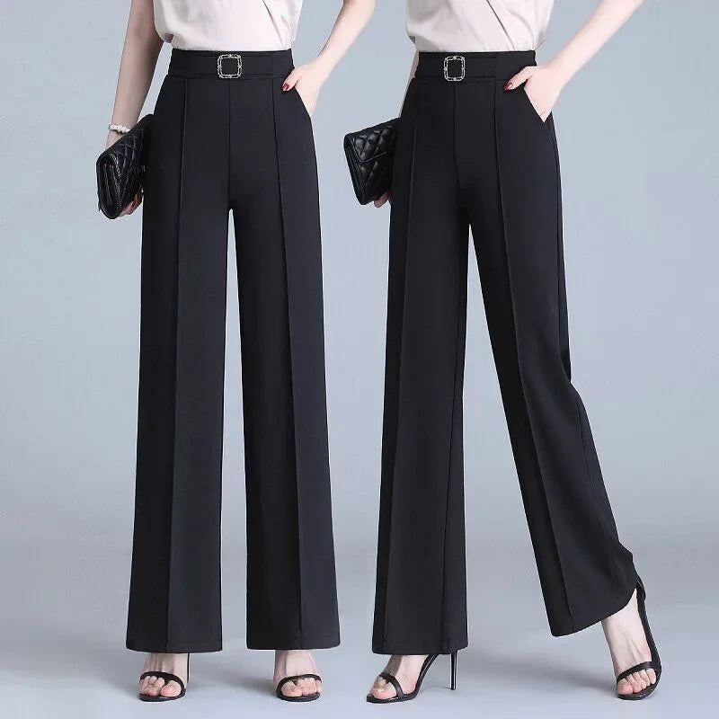 Women's Ice Silk Wide Leg Pants Drapey Loose Thin High Waist Spring Summer Versatile Straight Cut Elegant Long Trousers