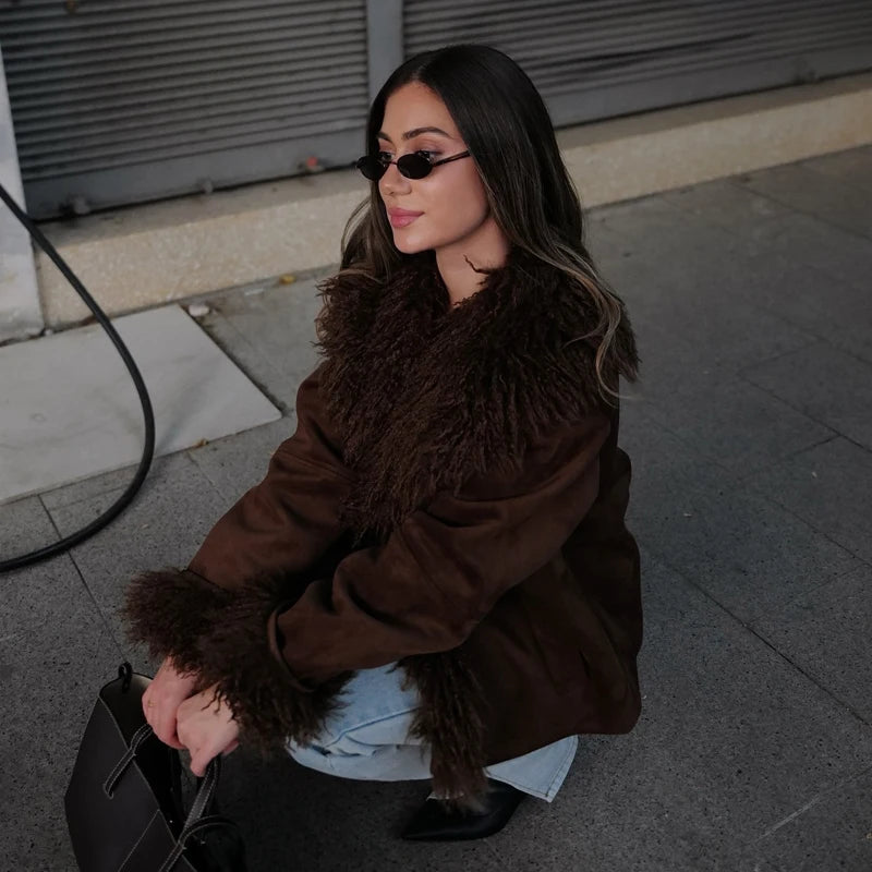 HXAO Women's Coat Cropped Faux Fur Coat Autumn Winter Warm Hairy Brown Jacket Women Long Sleeve Elegant Luxury Coat Ladies