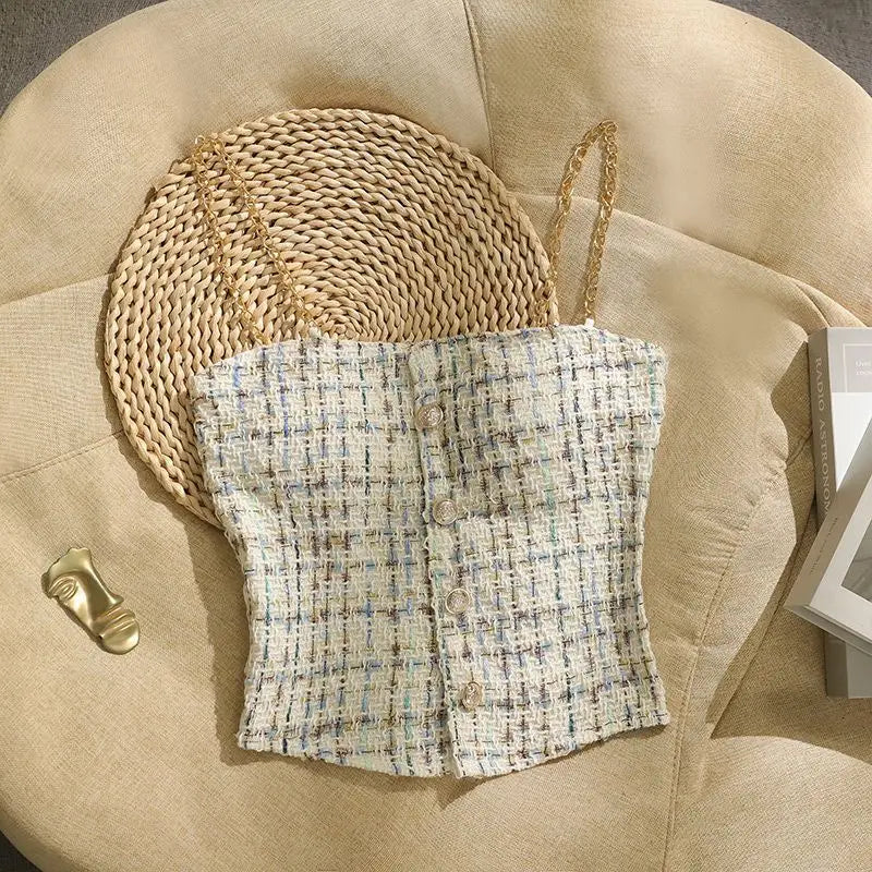 Ropa Mujer Summer Tanks for Women's Sweet Plaid Tunic Sleeveless Camis Crop Tops Chic Chian Backless Single Breasted Vest