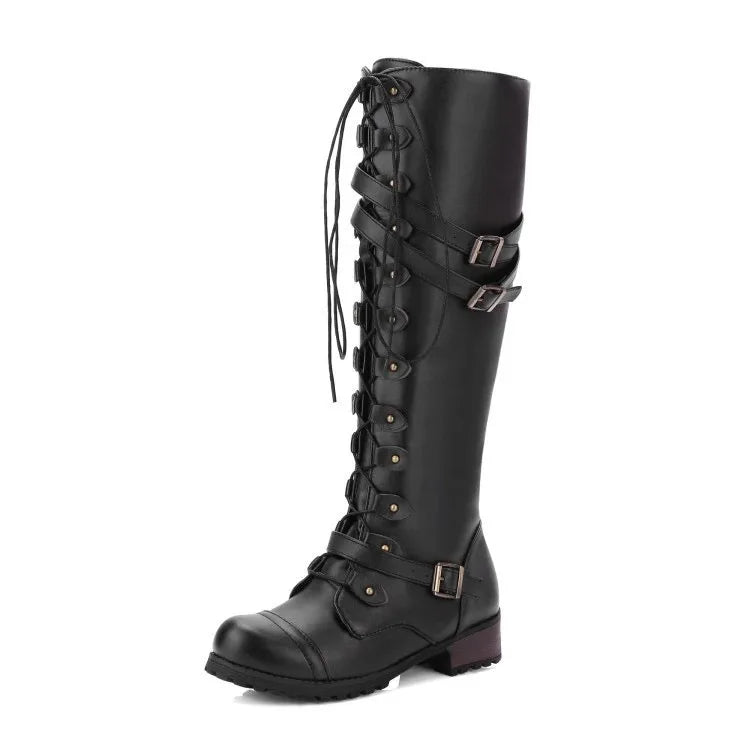 New Fashion Women Knee High Boots Brand Lace Up Platform Shoes Sexy with Buckle PU Retro Buckle Luxury Shoes Designer Snow Boots