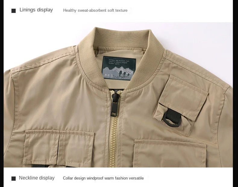 Spring Men's stormcoat New Solid Color Multi Pocket Waterproof Outdoor Camping Stand up Collar Coat Men's Functional wind Jacket