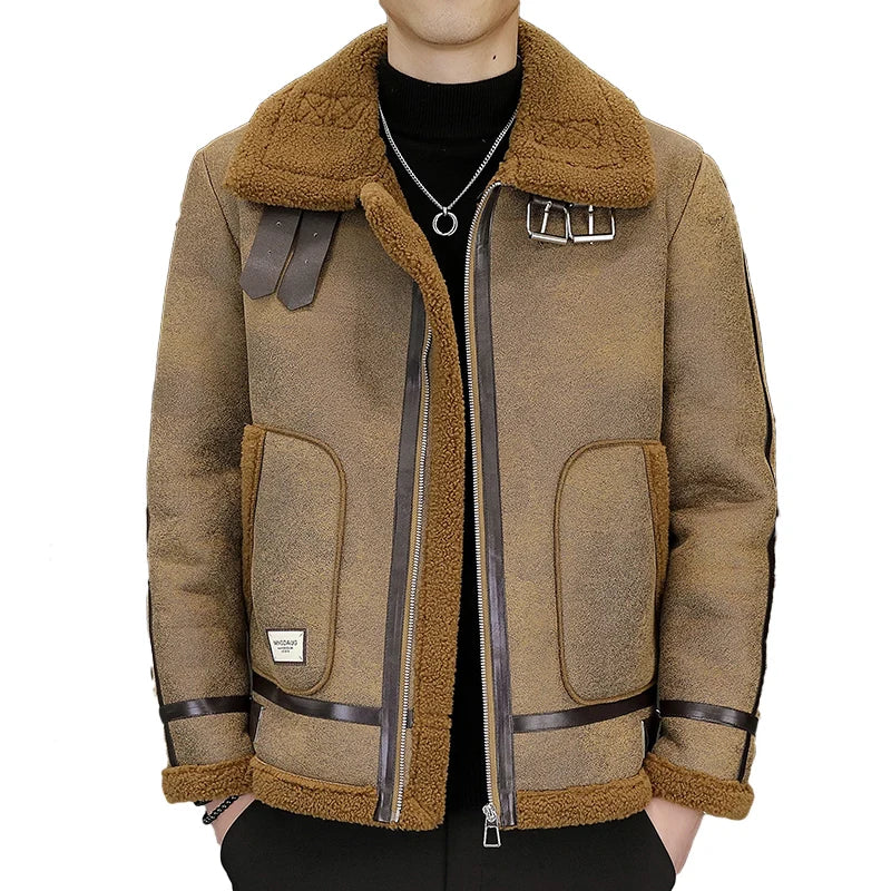 High-quality Faux Fur Leather Jackets Men Splicing Pockets Trend Casual Motorcycle Bike Jacket Winter Thick Warm Coat Streetwear