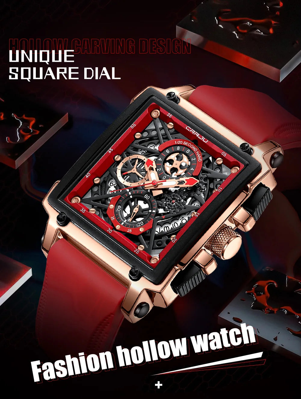 CRRJU Modische Sportuhren mit großem Zifferblatt, einzigartiges rechteckiges, hohles Design, Quarz-Armbanduhren mit Chronograph, automatisches Datum