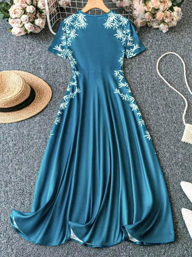 Fashion High Waist Printed Dress Elegant round Neck Women's Dress Stylish Cross-Border New Model from Europe And America