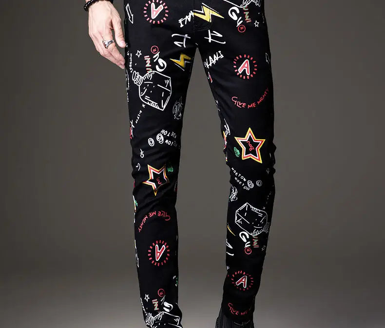 Luxuriöse Jeanshose für Herren, Hip-Hop-Jeans mit Graffiti-Print, Designer-Jeans in Slim Fit, trendige schwarze Jeans, Stretch-Cowboy-Baumwollhose für Männer