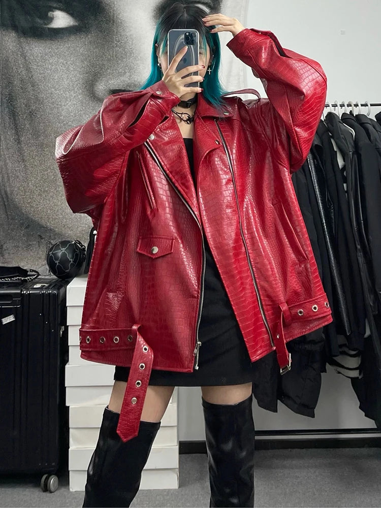 Lautaro Spring Autumn Oversized Red Shiny Crocodile Pattern Leather Biker Jacket Women Long Sleeve Zipper Belt Cool Fashion 2022