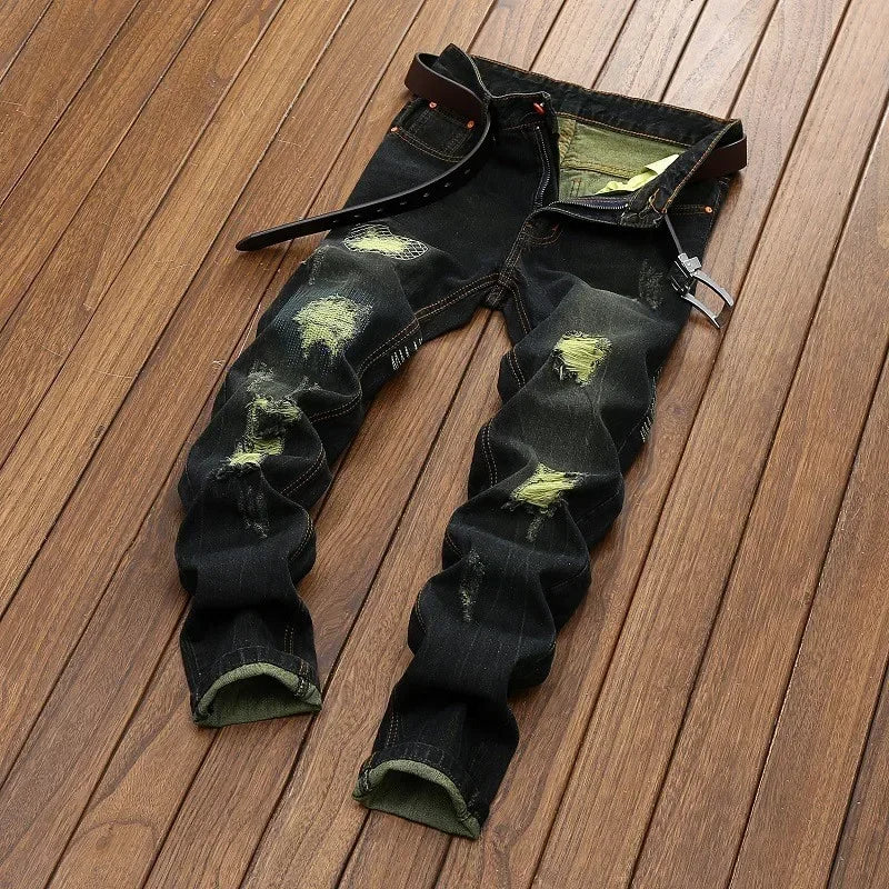 New Men's Ripped Vintage Jeans Straight Denim Trousers Male Distressed Personalized Motorcycle High Street Spliced Jeans Pants