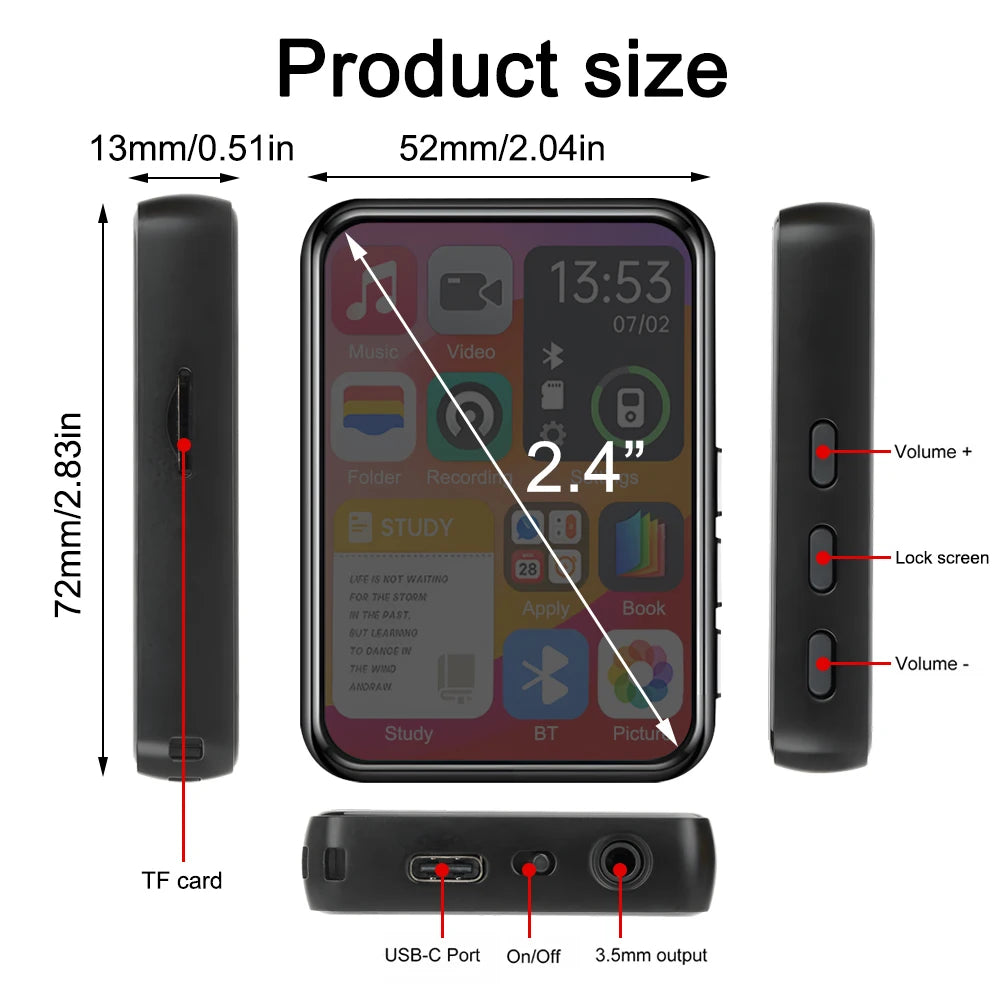2026 New Bluetooth 5.4 Touch Screen MP3 Player HiFi Lossless Music Play Built-in Speaker 32GB Support Recording E-Book