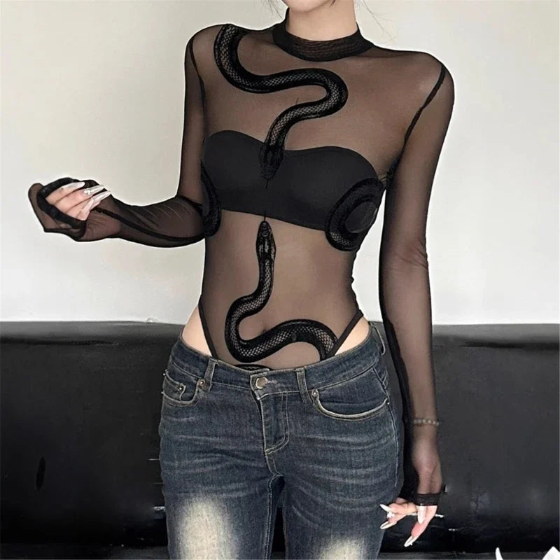 Womens Mesh Long Sleeve Bodysuit Round Neck Sheer Leotards Clothing Snake Bodysuit Top with Crotch Clubwear Gifts