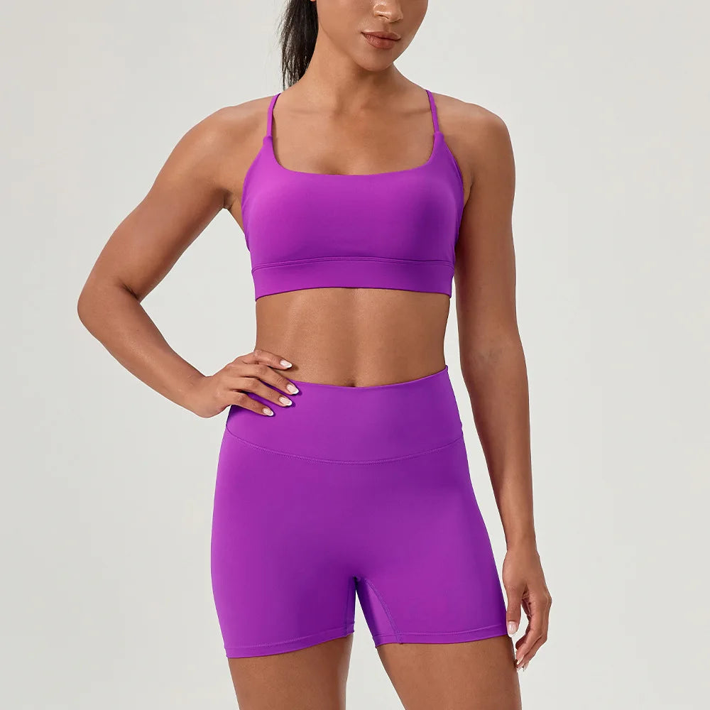 Yoga suit set, sexy back, sports bra, high waist, hip lifting, tight shorts, running and fitness two-piece set Women' Yoga sets