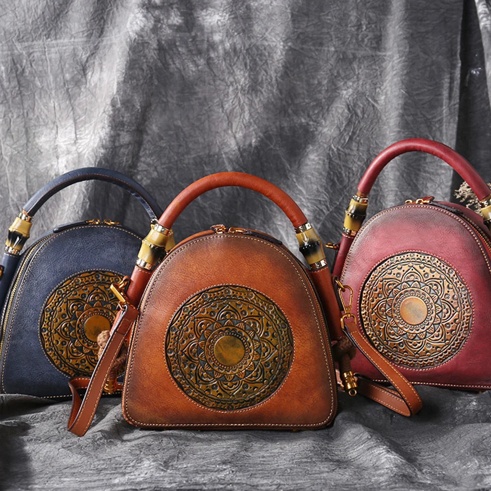 Luxury Handmade Embossed Women Crossbody Bag New Retro Genuine Leather Shell Bag Ladies Chinese Style Shoulder Bags