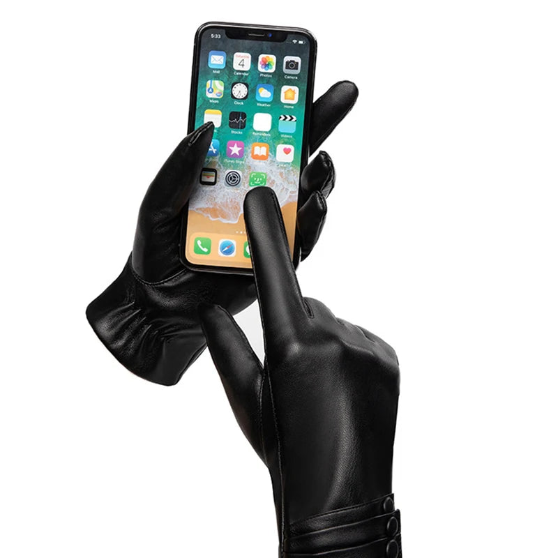 Handschuhe Damen Winter Outdoor Mode Bequeme Warme Handschuhe Plüsch Touchscreen Fahren PU Lederhandschuhe