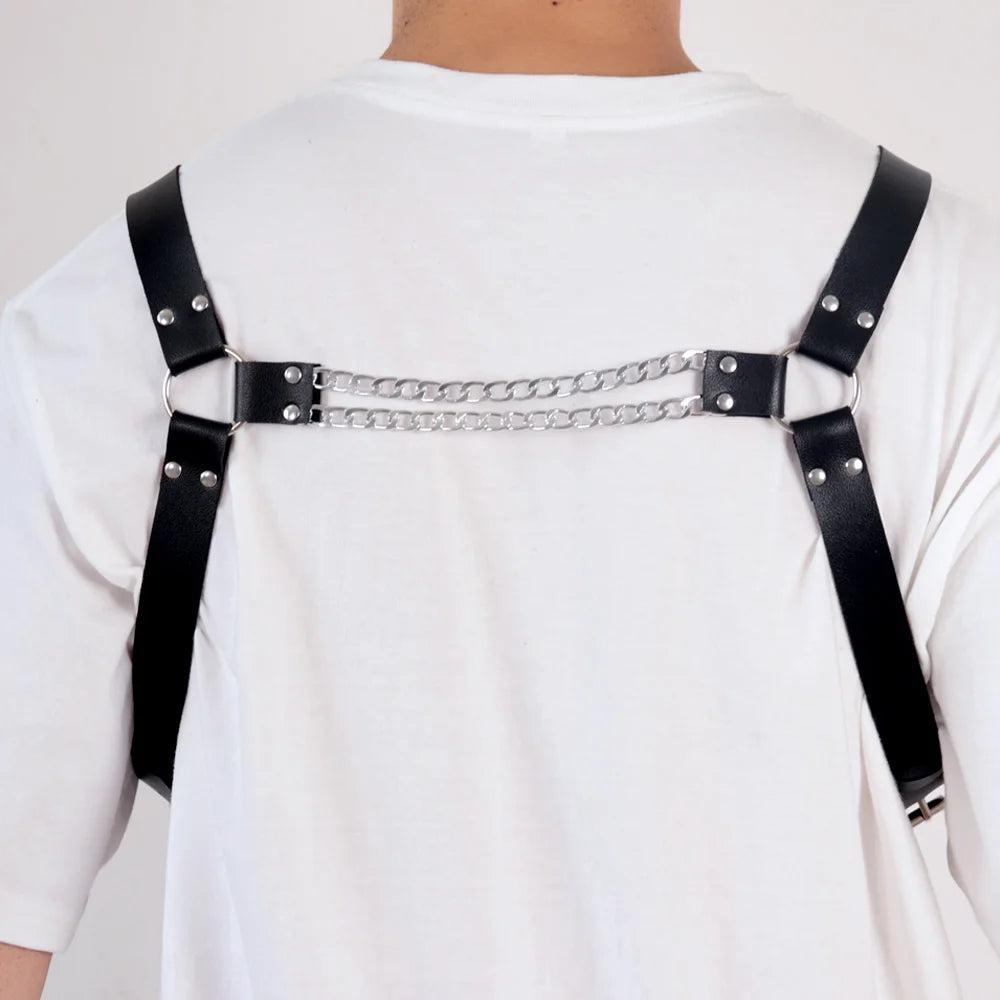 Men's Adjustable PU Leather Body Harness with Chain Tassels - Fashionable Black Chest Belt for Parties, Performances