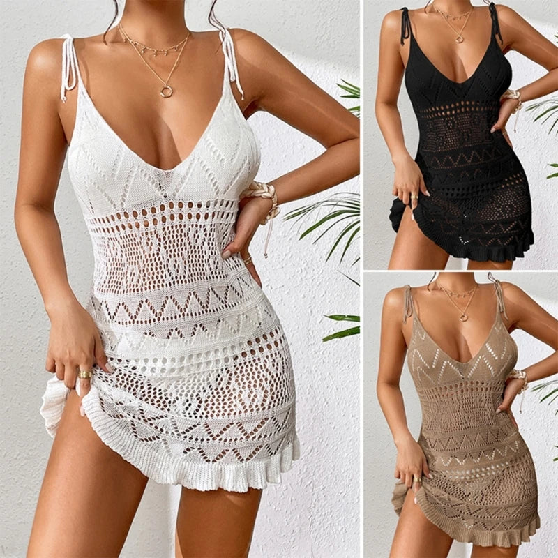 Womens Deep V-neck Beach-Dress See-Through Crocheted Swimsuits Cover Up Hollow out Bathing Suit Cover Up for Beachwear