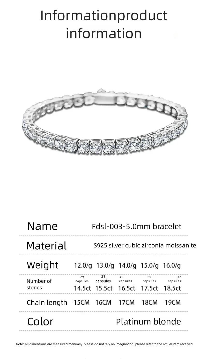 2.5/3/4/5mm Moissanite Tennis Bracelet 925 Sterling Silver Plated White Gold Bracelet for Women Man Sparkling Party Jewelry