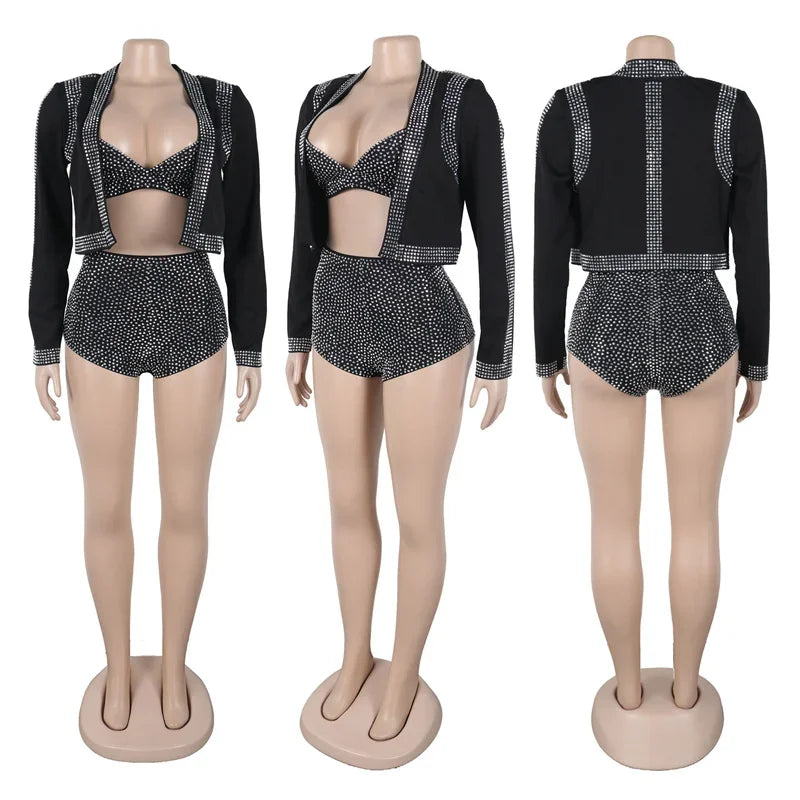 Sparkly Diamonds 3 Piece Short Sets Woman Outfits Rhinestones Luxury Cropped Jacket Top and Bra and Shorts Set Clubwear