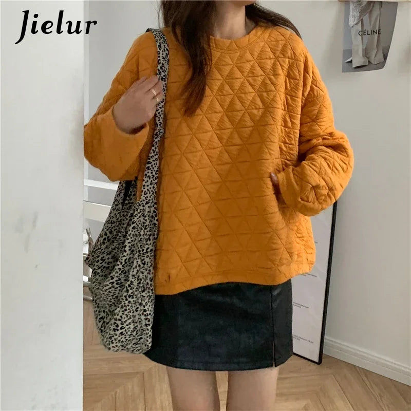 Jielur Yellow Loose Sweatshirt Female Winter White Causal O Neck Long Sleeve Women Clothing Creative New Style Hoodies M-XL