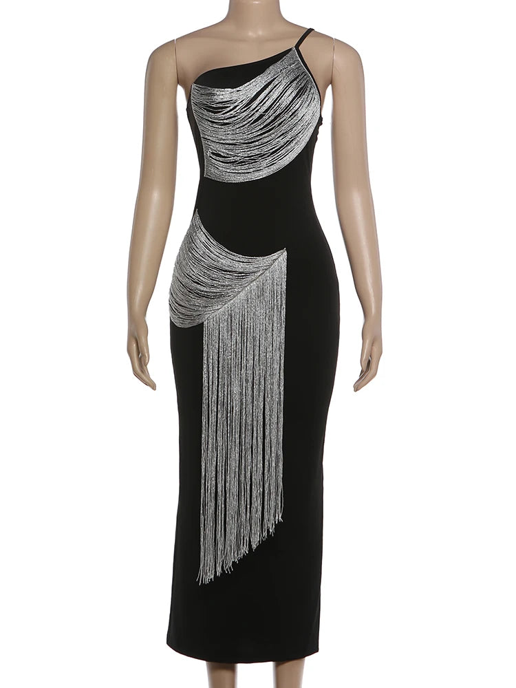 Hottie Tassel Dress Women Inclined Shoulder Sleeveless Sexy Skinny Prom Party Summer Fashion Vacation Chic Vestidos