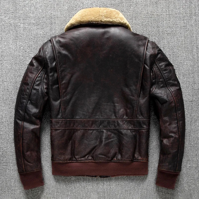 Air Force Flight Jacket Fur Collar Genuine Top Layer Cow Leather Jacket Men Brown Cowhide Men's Winter Military G1 Jacket 6XL