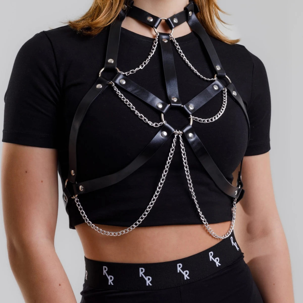 Women Fashion Goth Chest PU Leather Harness with Chains Black Chest Harness with Chains Punk Accessories for Party