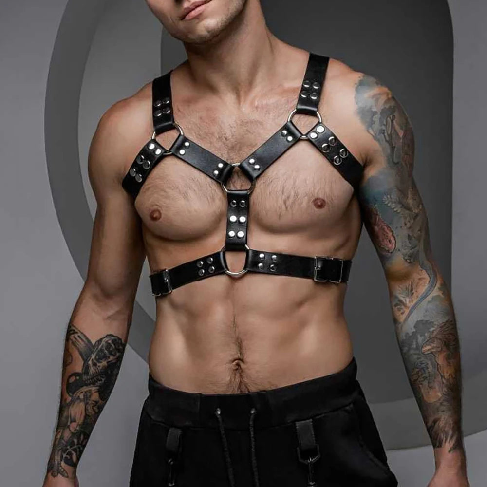 PU Leather Chest Harness for Men, Adjustable Suspenders, Bondage Body Harness, Gothic Clothing Accessories, Fashion