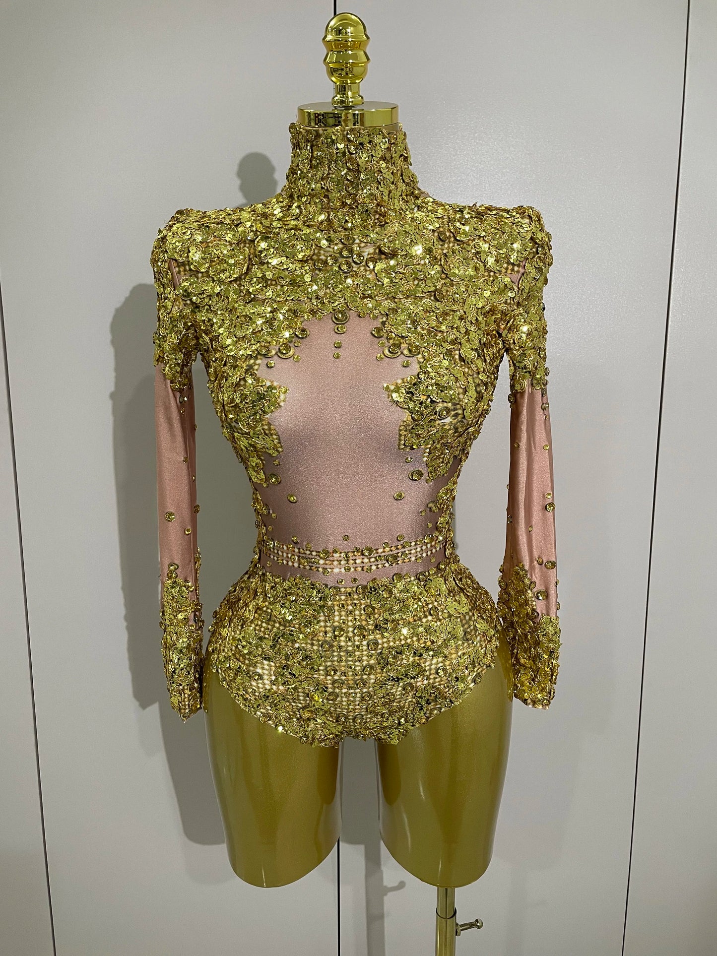 STOCK Sparkly Gold Silver Rhinestone Sequin Stretch Bodysuits Women Birthday Party Nightclub Dancer Stage Performance Costume