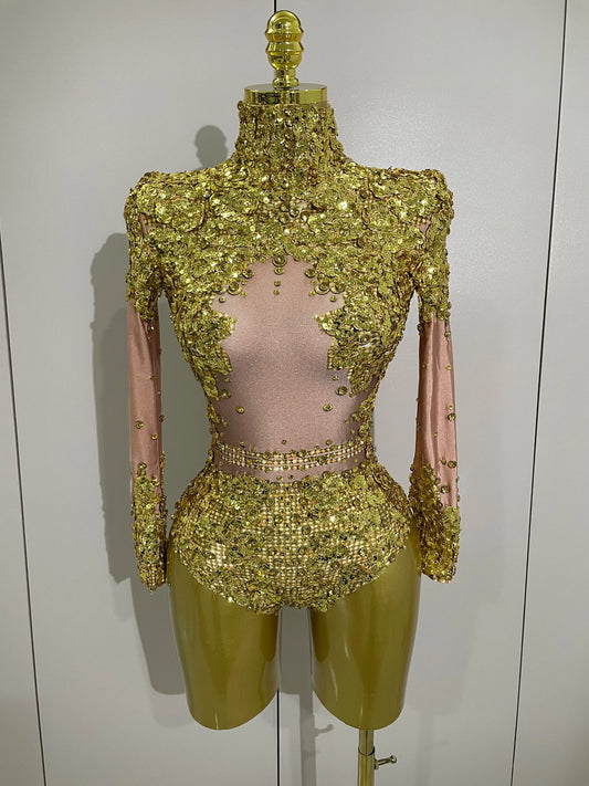 STOCK Sparkly Gold Silver Rhinestone Sequin Stretch Bodysuits Women Birthday Party Nightclub Dancer Stage Performance Costume