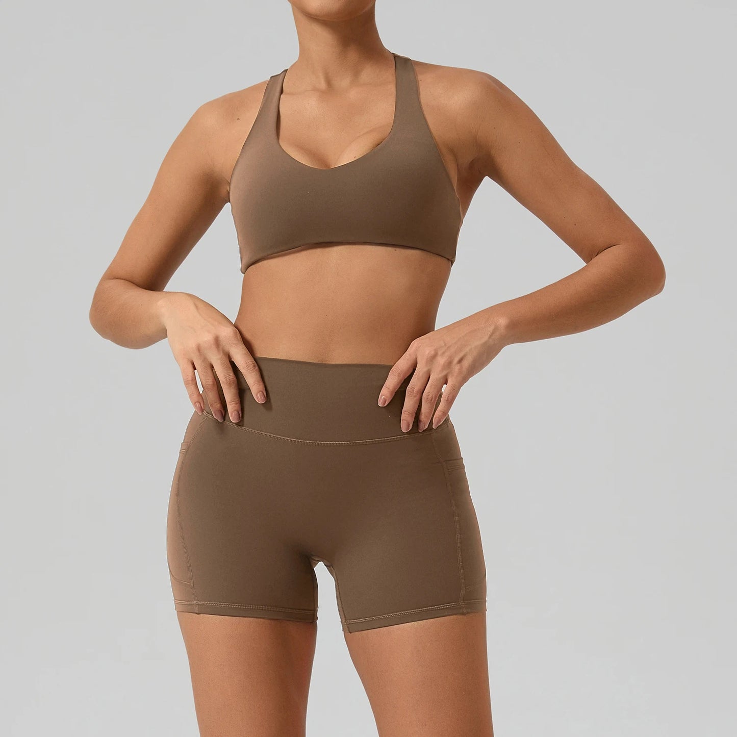 Hearuisavy Fitness Set 2Pcs Women Gym Sports Bra Running Sports Shorts With Pockets High Impact Breathable Racerback Yoga Tops