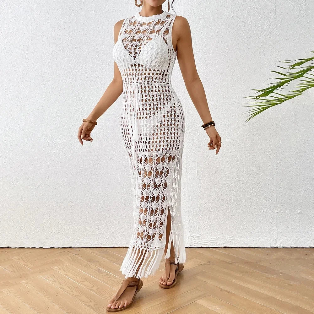 Casual Ladies Beach Skirt Hollow out Floral Print Long Dress Waist Cinched Fringed Sandy Coastline Women's Fashion Outerwear