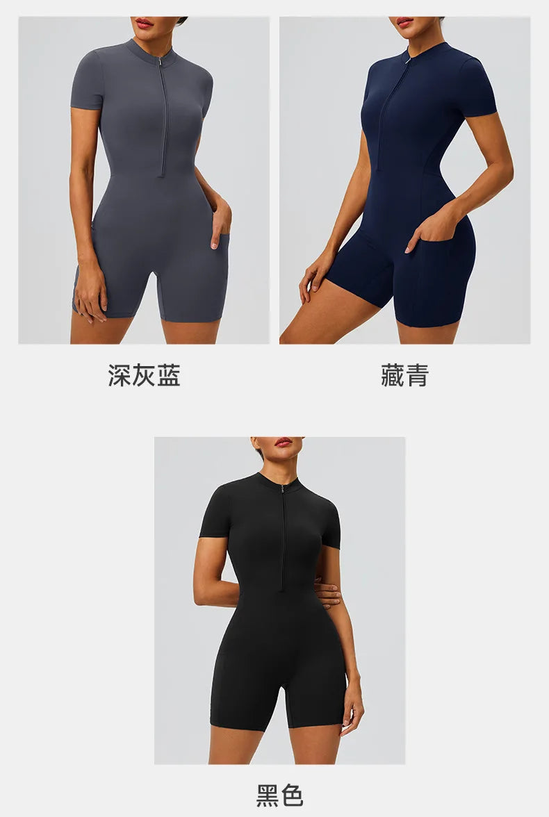 Women's zipper short sleeved yoga jumpsuit with functional pockets for hip lifting and tight fitting sports jumpsuit shorts