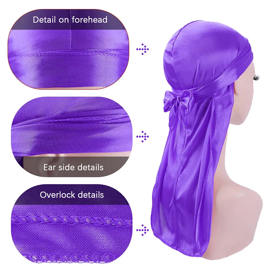 Unisex Seidige Durags Bandanas Turban Hut Perücken Doo Männer Satin Durag Biker Kopfbedeckung Stirnband Haar Zubehör Extra Lange Schwanz Du-Rag