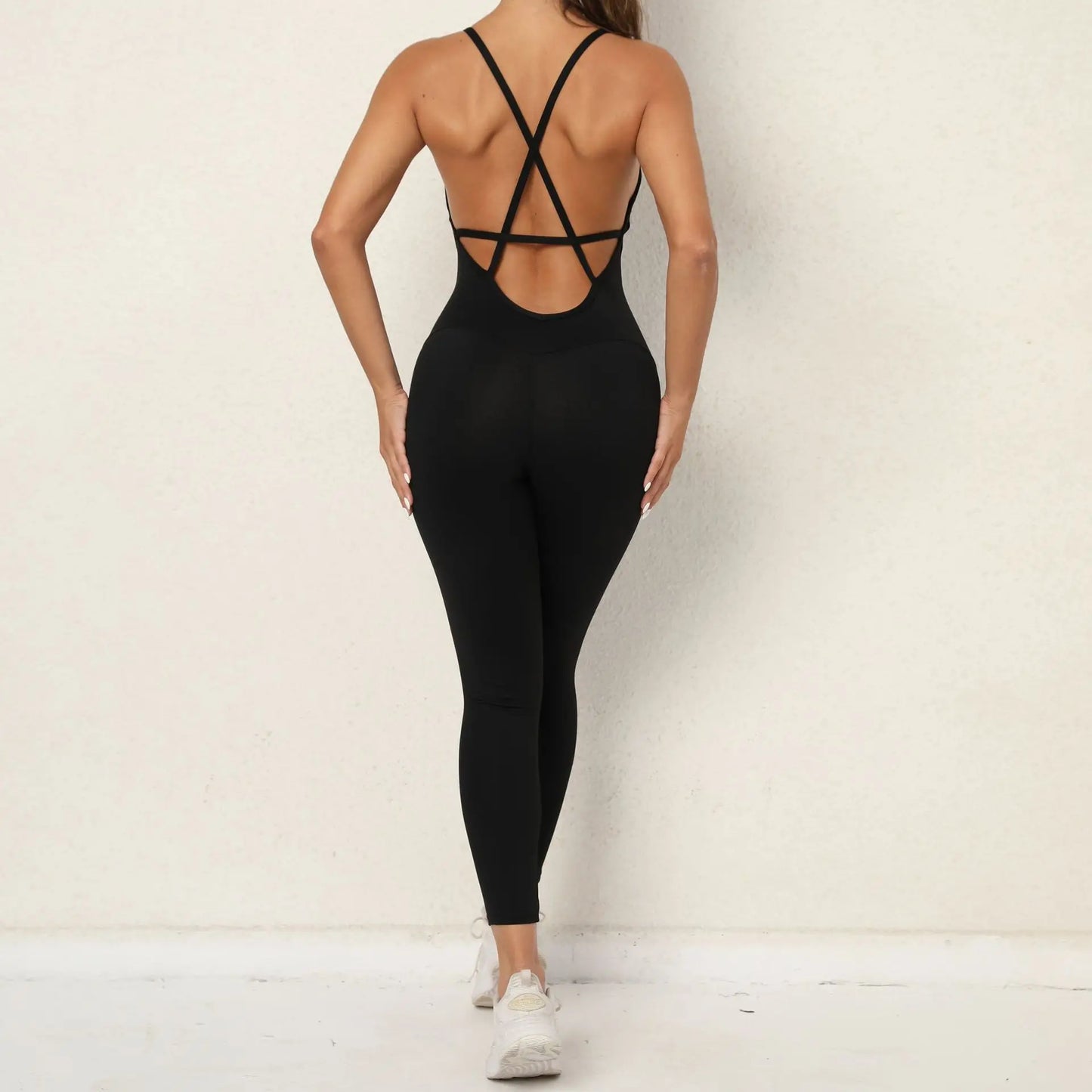 Lycra Rückenfreier Gym Jumpsuit Damen Yoga Fitness Overall Einteiler Sexy Body Kombihose Mono Streetwear Damen Jumpsuit Schwarz