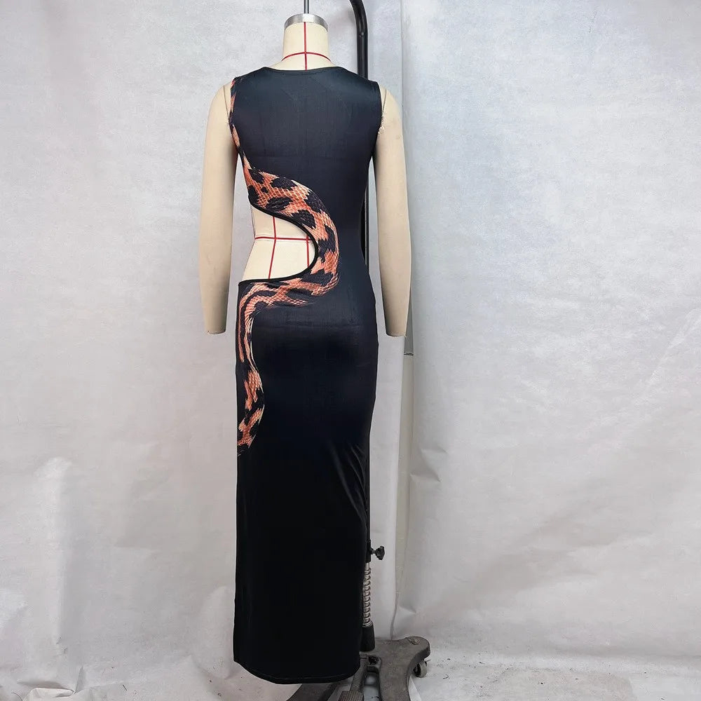 European And American Traditional Wear Dress Women's Long Black Maxi Dress Side Slit Cutout Waist Snake Print Hollow Out Round