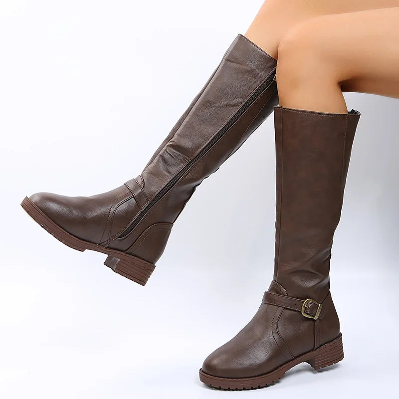 Women Knee High Boots Platform Long Boots Low Heels Round Toe Shoes New Zip Brown High Boot Vintage Pu Leather Women Boots 2025