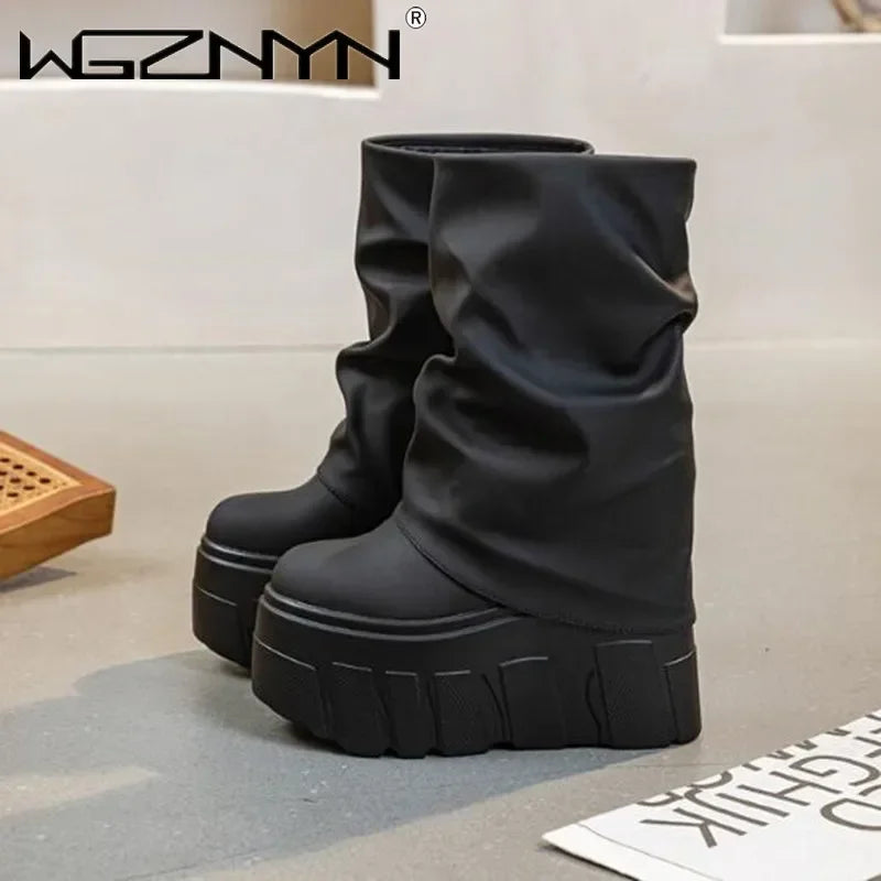 14CM New Ankle Booties Shoes Natural Microfiber Leather Boots 2025 Winter Women Motorcycle Boots Platform Ladies Fashion Botas