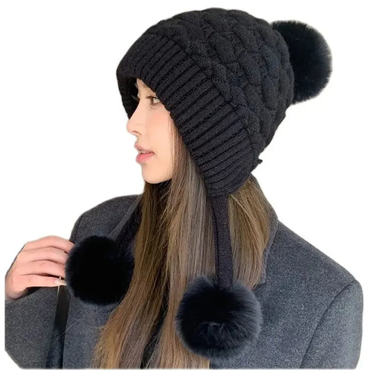 Thickened Double Layer Women Ear Protection And Cold Protection Rabbit Hair Hat With Three Fur Balls For Women Winter Plush  Hat