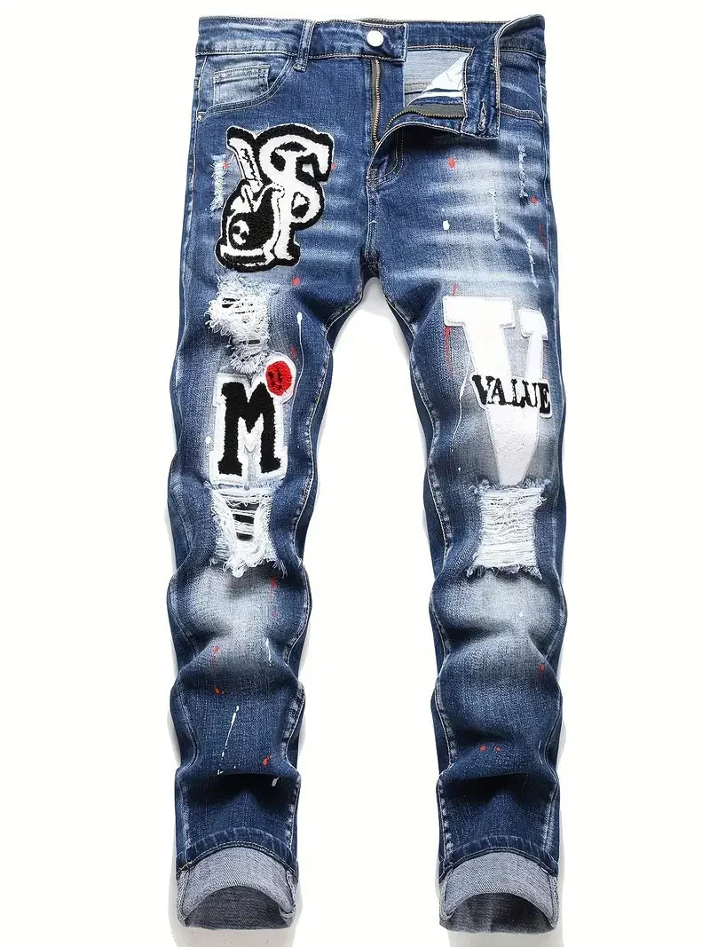 Men Y2K Stretchy Denim Jeans Ripped Skinny Letter Print Elastic Waist Casual Pants for Men Hole Slim Fit Denim Hip Hop Trousers