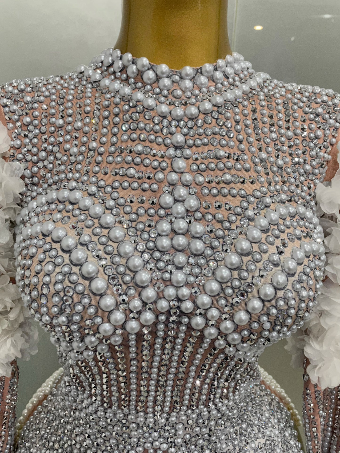 Sexy Luxury Sparkle Diamond Pearls Flower Bodysuits 2025 Women Birthday Party Leotard Dancer Nightclub Performance Stage Outfit