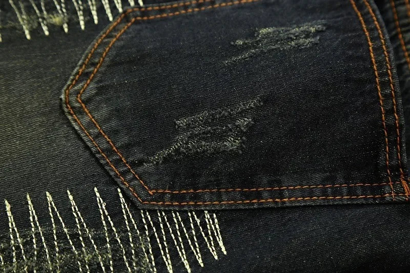 New Men's Ripped Vintage Jeans Straight Denim Trousers Male Distressed Personalized Motorcycle High Street Spliced Jeans Pants