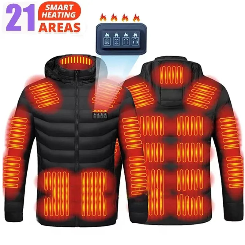 Beheizte Jacke, USB Intelligent Dual Control Switch 9-21 Zone Beheizte Jacke, Herren Damen Warme Baumwolljacke mit Abnehmbarer Kapuze