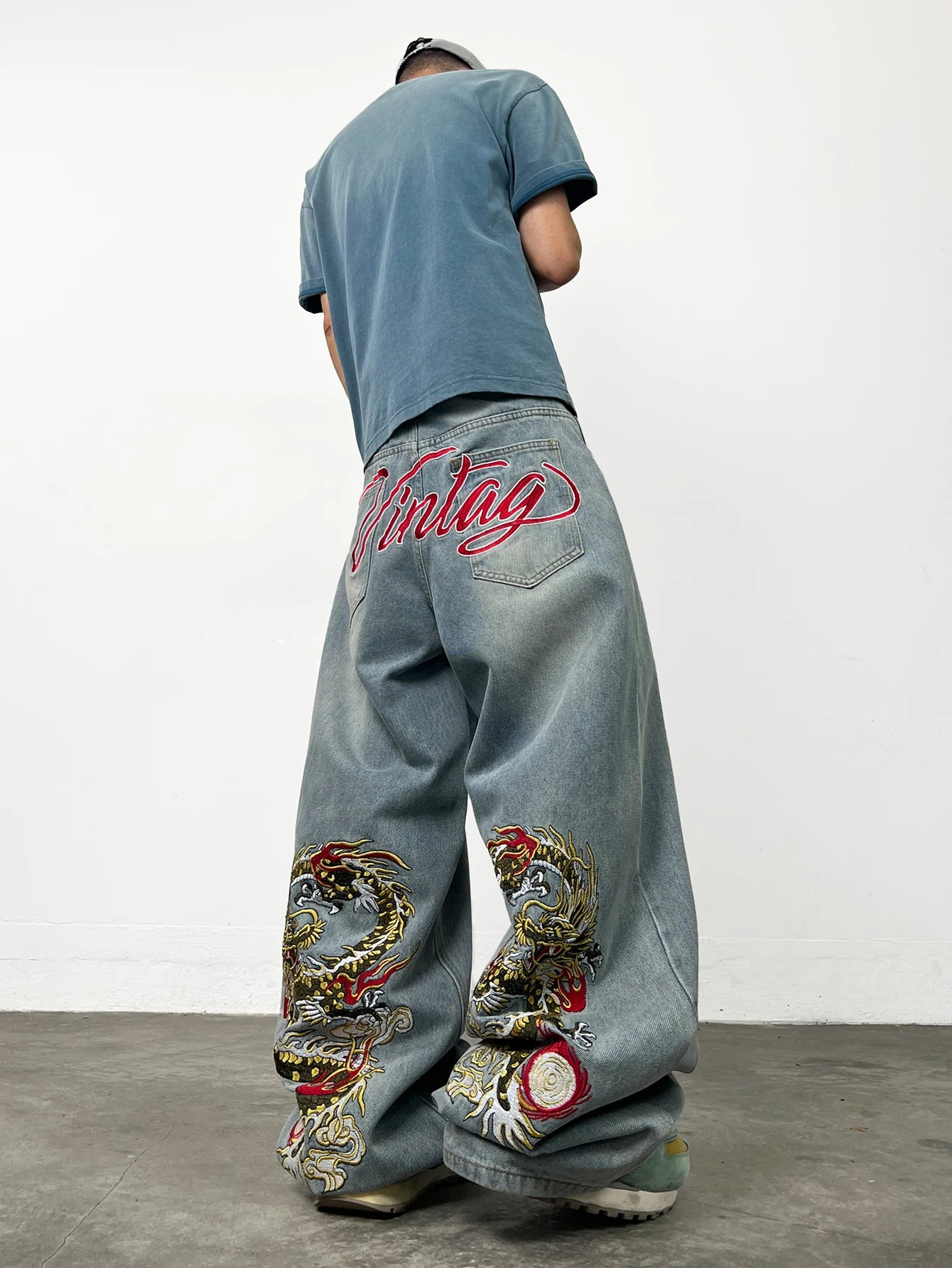 American Retro Dragon Art Embroidery Blue Baggy Jeans Men's y2k Washed Street Hip-Hop Fashion Versatile Straight Wide-Leg Pants